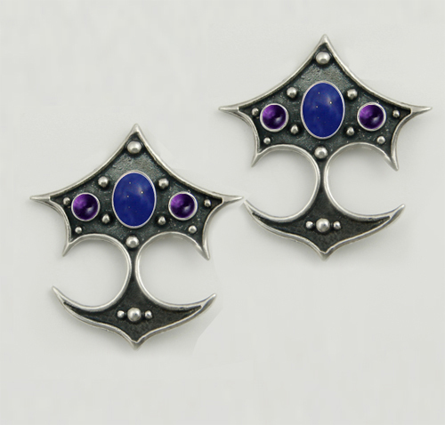 Sterling Silver Gothic Drop Dangle Earrings With Lapis Lazuli And Amethyst